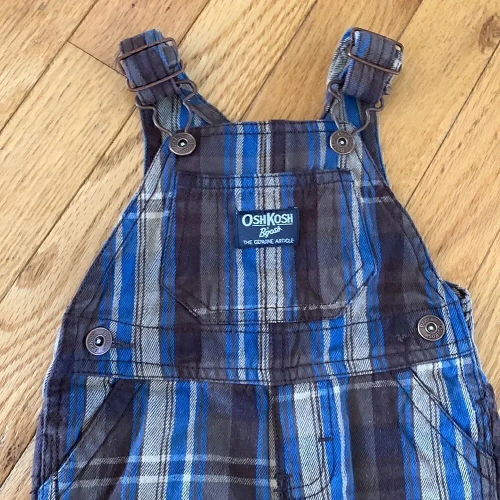 OshKosh B’Gosh‎ Vintage Vestbak Brown Plaid Baby Boy Bib Overalls size 3 month’s